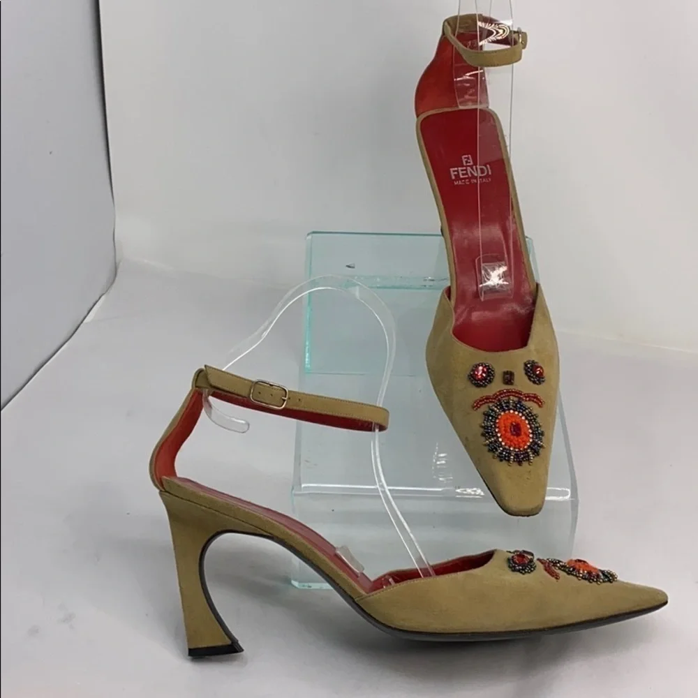 Fendi Sz 9.5M Beige Suede Beaded Ankle Strap Heels